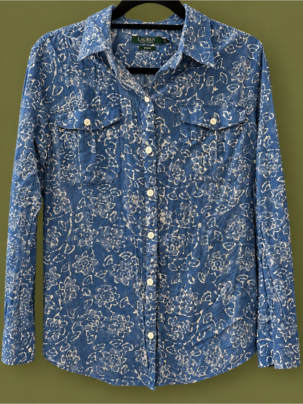 Lauren Ralph Lauren Denim Floral Chambray Button Down Shirt Blue White L